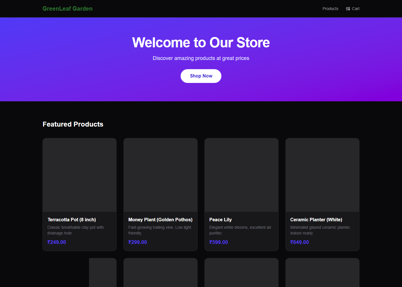 GreenLeaf Garden storefront homepage as captured in July 2026, when the sample catalog had 8 products